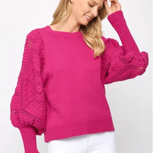 🩷FATE HOT PINK BARBIE CORE HAND KNIT CROCHET BALLOON SLEEVE SWEATER SIZE MEDIUM - Picture 12 of 13